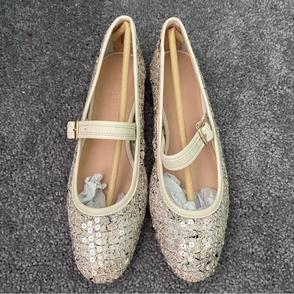Cream Sequin Mary Jane Flats for Women